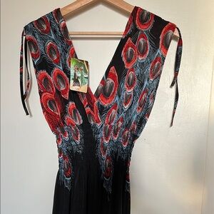 Elegant Black and Red Peacock Print Dress